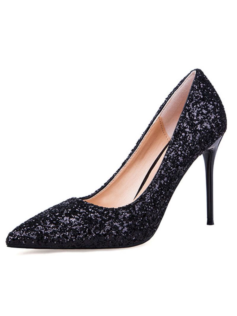 Dame Glitter Prom Sko Spisse Tå Stiletto High Heel Pumps - Svart