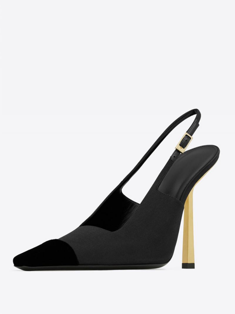 Dame Sateng Slingback Pumps Black Square Toe Stiletto Heel