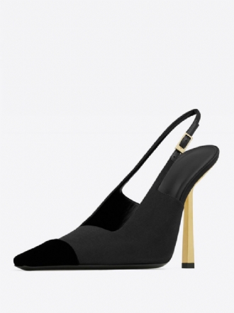 Dame Sateng Slingback Pumps Black Square Toe Stiletto Heel