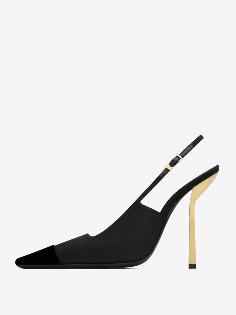 Dame Sateng Slingback Pumps Black Square Toe Stiletto Heel - Svart