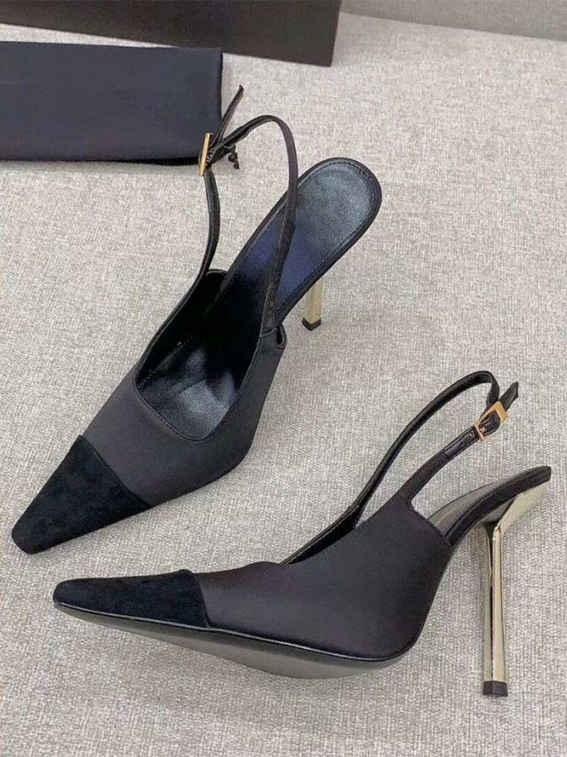 Dame Sateng Slingback Pumps Black Square Toe Stiletto Heel - Svart