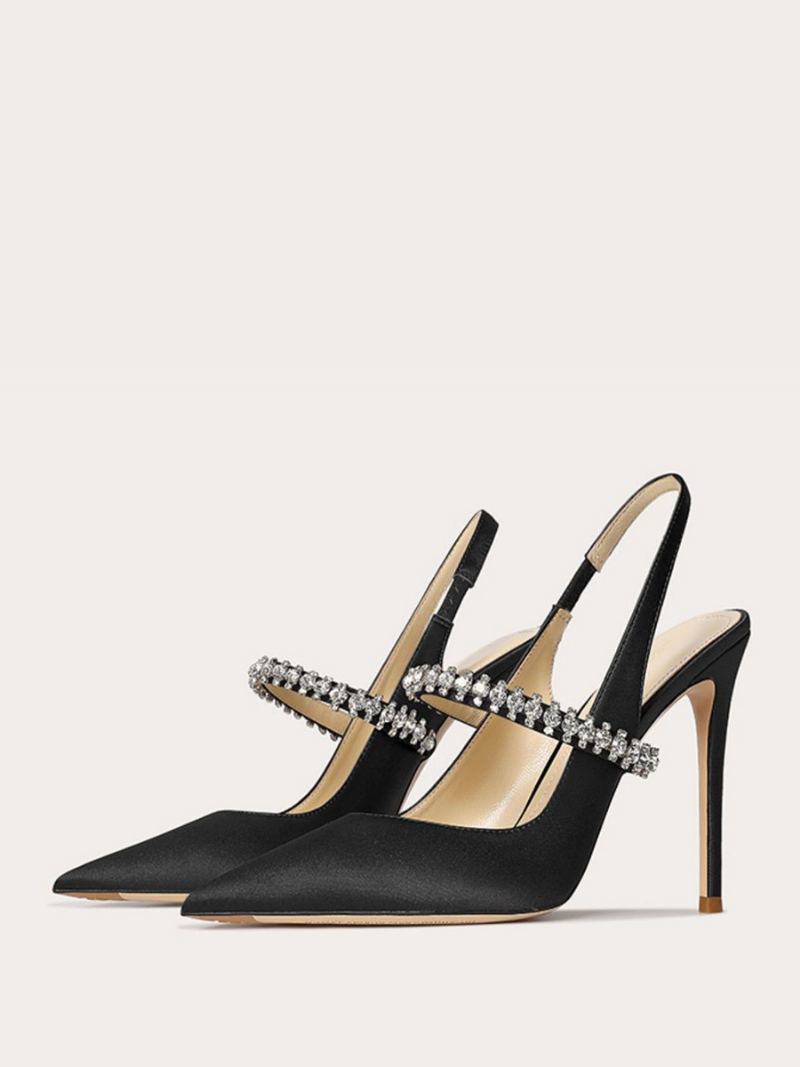 Dameballsko I Sateng Svart Rhinestones Spiss Tå Stiletthæl Slingback Pumps