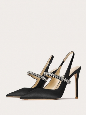 Dameballsko I Sateng Svart Rhinestones Spiss Tå Stiletthæl Slingback Pumps