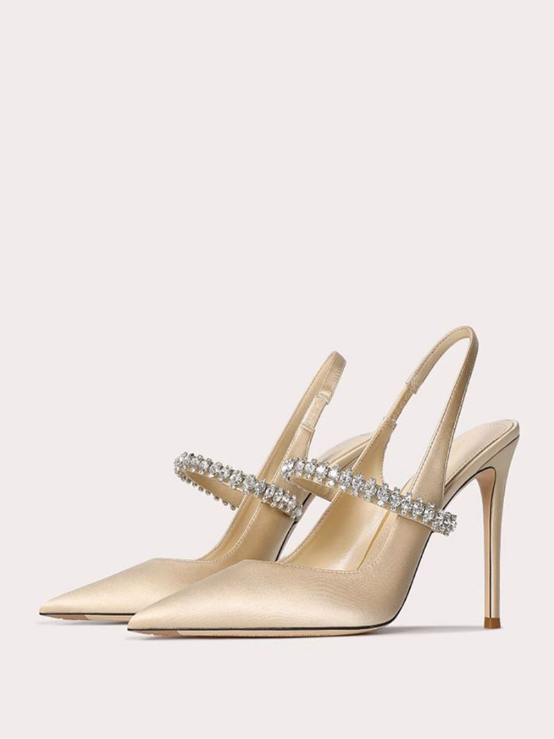 Dameballsko I Sateng Svart Rhinestones Spiss Tå Stiletthæl Slingback Pumps - Lys Gul