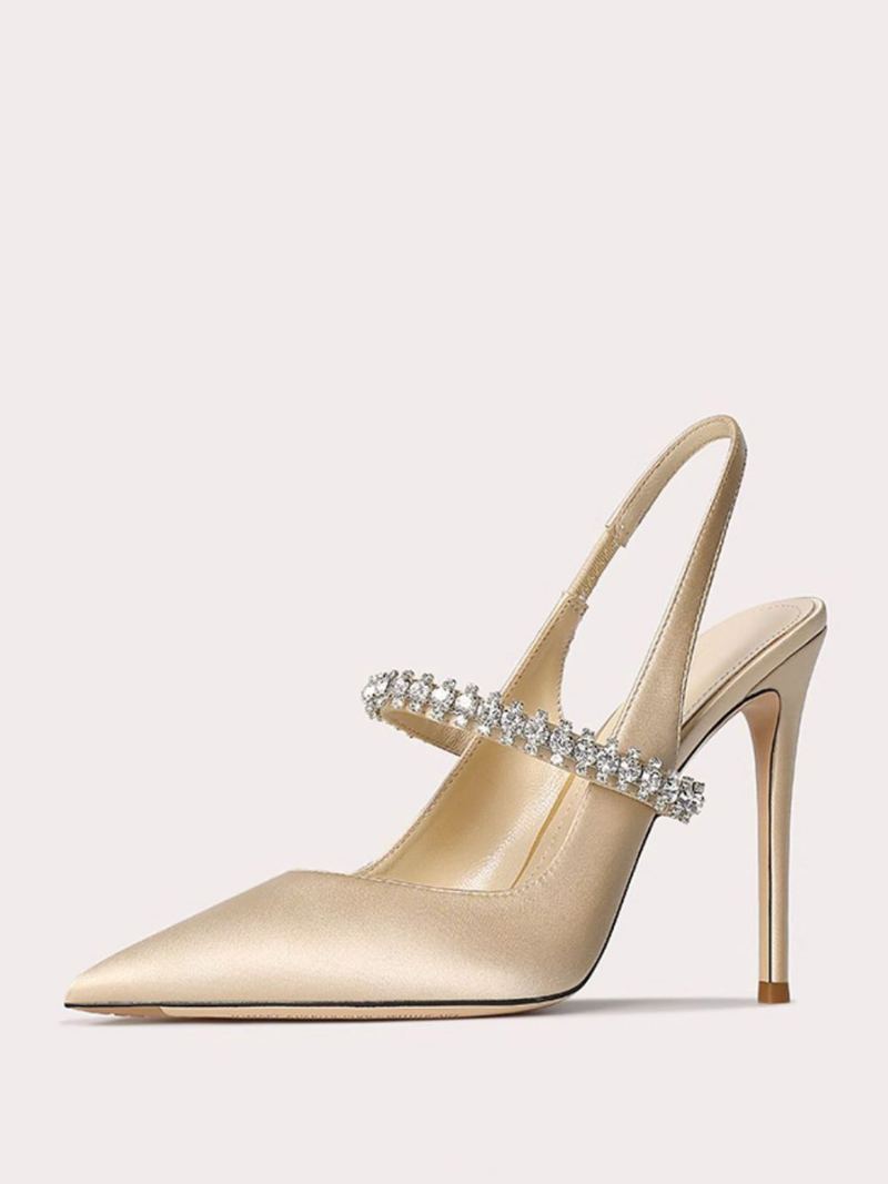 Dameballsko I Sateng Svart Rhinestones Spiss Tå Stiletthæl Slingback Pumps - Lys Gul