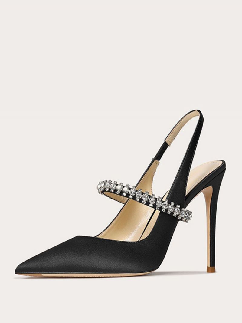 Dameballsko I Sateng Svart Rhinestones Spiss Tå Stiletthæl Slingback Pumps - Sort