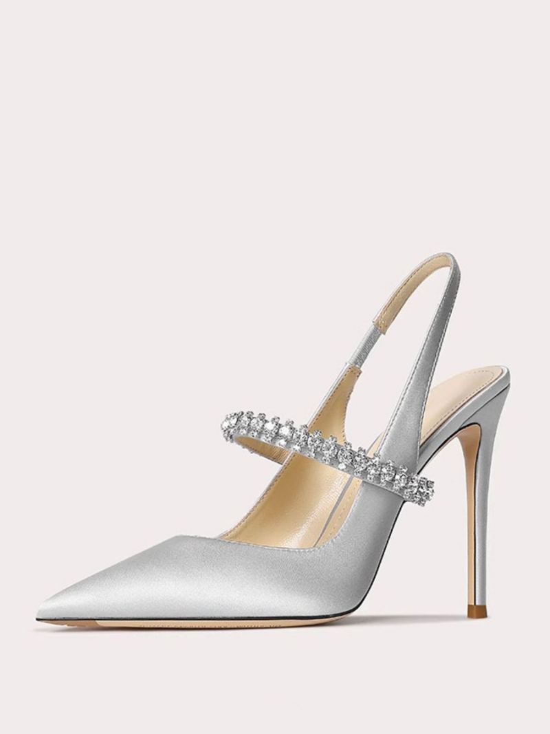 Dameballsko I Sateng Svart Rhinestones Spiss Tå Stiletthæl Slingback Pumps - Sølv