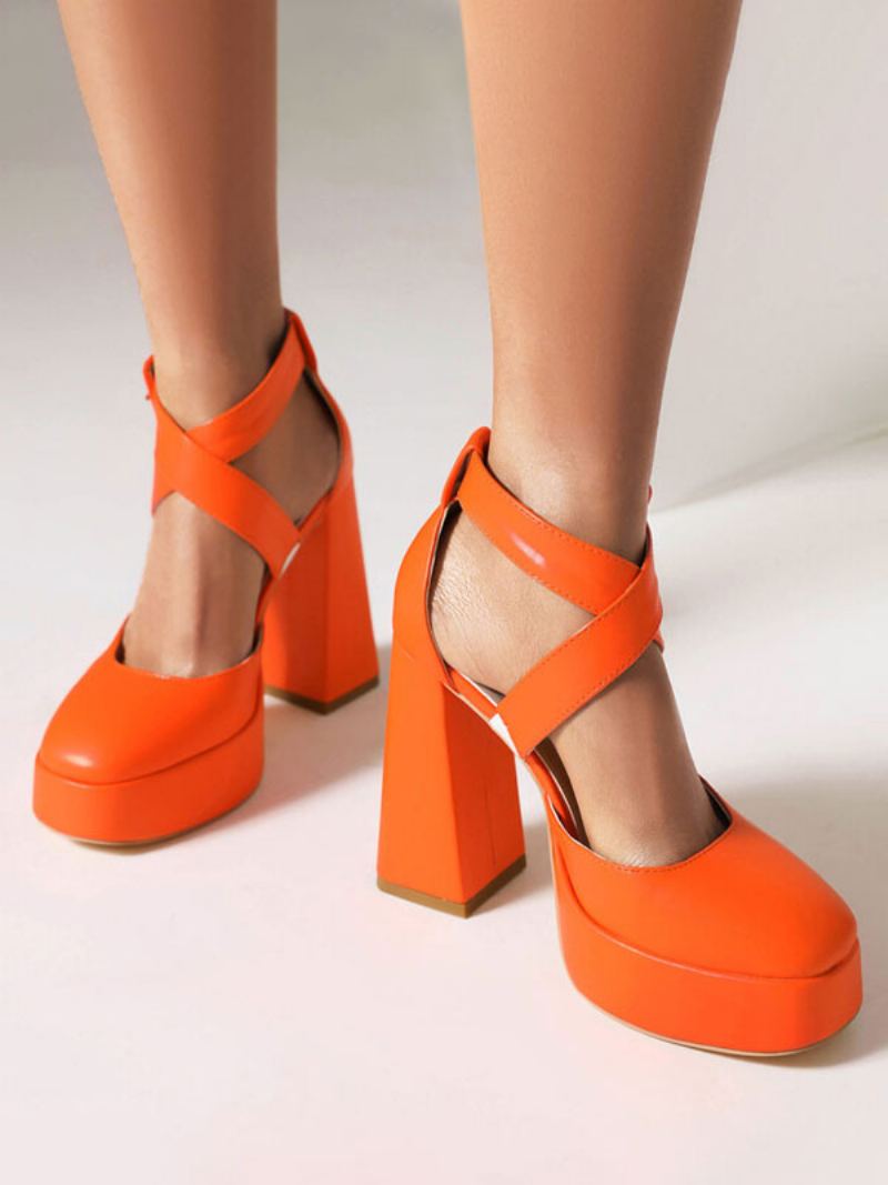 Damehæler Rund Tå Pumps Chunky Heel Pu-skinn - Oransje