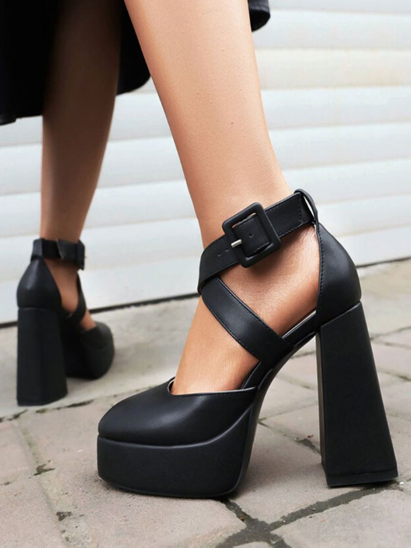 Damehæler Rund Tå Pumps Chunky Heel Pu-skinn - Sort