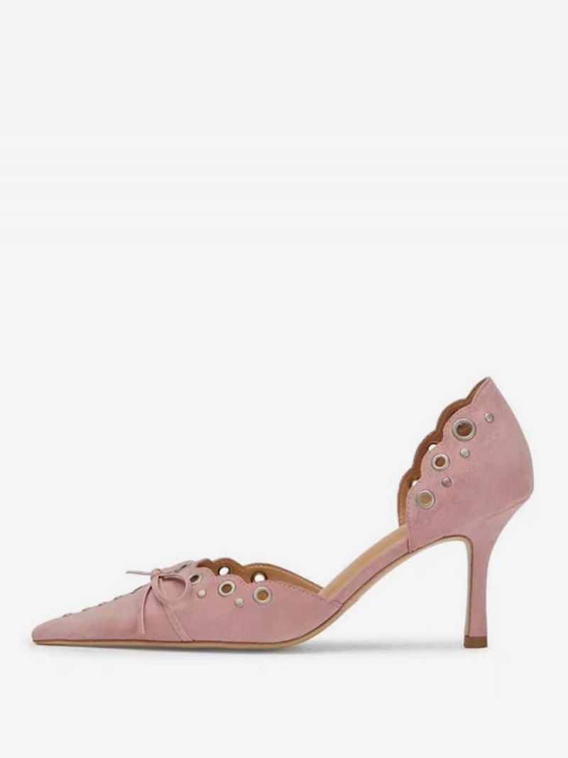 Damehælsandaler Med Spisse Tå Stiletthæl Monogram Semsket Skinnsandaler - Rosa