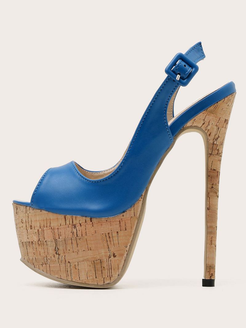 Damehælsandaler Stiletthæl Pu-skinn Peep Toe Blå Høyhælte Slingback Pumps - Blå