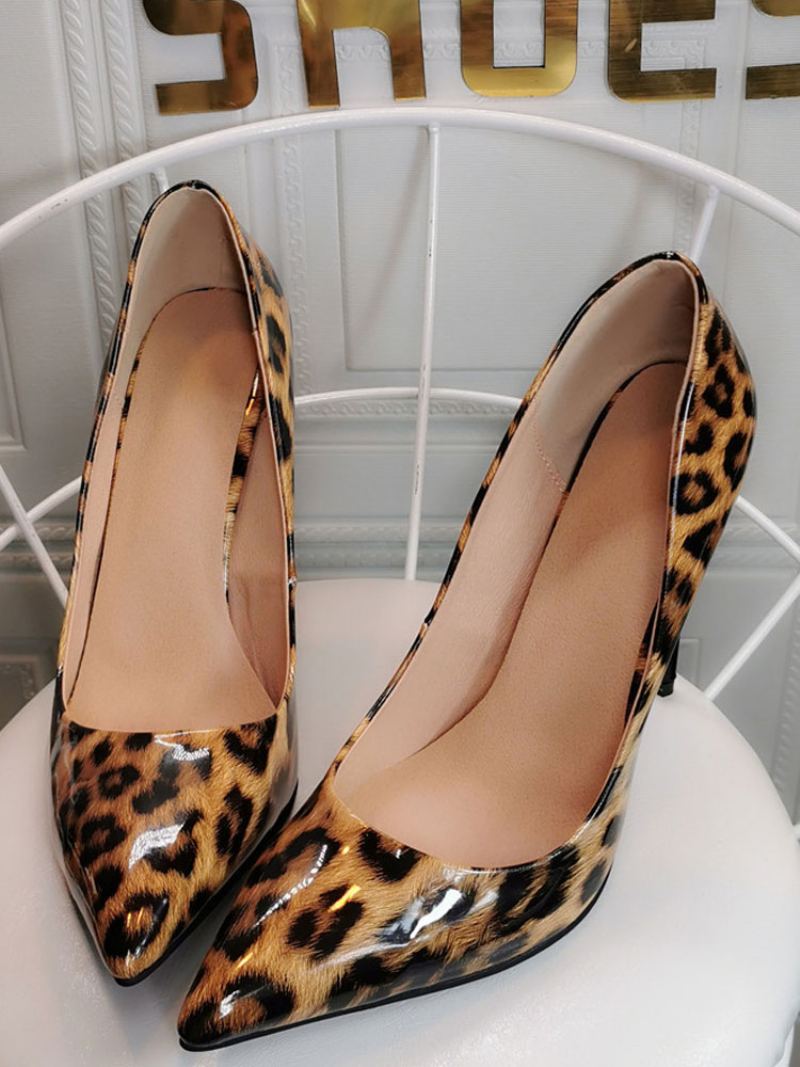 Damekaffe Brun Pumps Stiletthæl Spiss Tå Leopardtrykt Patent Pu Uformelle Sexy Hæler