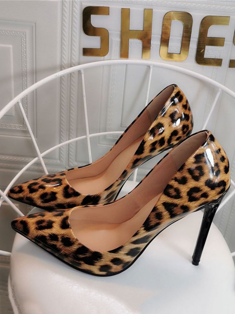 Damekaffe Brun Pumps Stiletthæl Spiss Tå Leopardtrykt Patent Pu Uformelle Sexy Hæler - Kaffe Brun