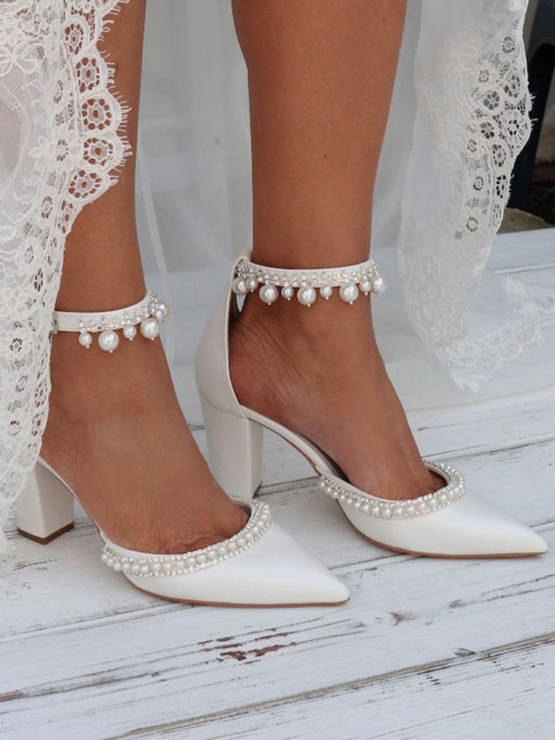 Dameperler Med Spiss Ankelstroppen Brude Pumps Chunky Heel - Hvit