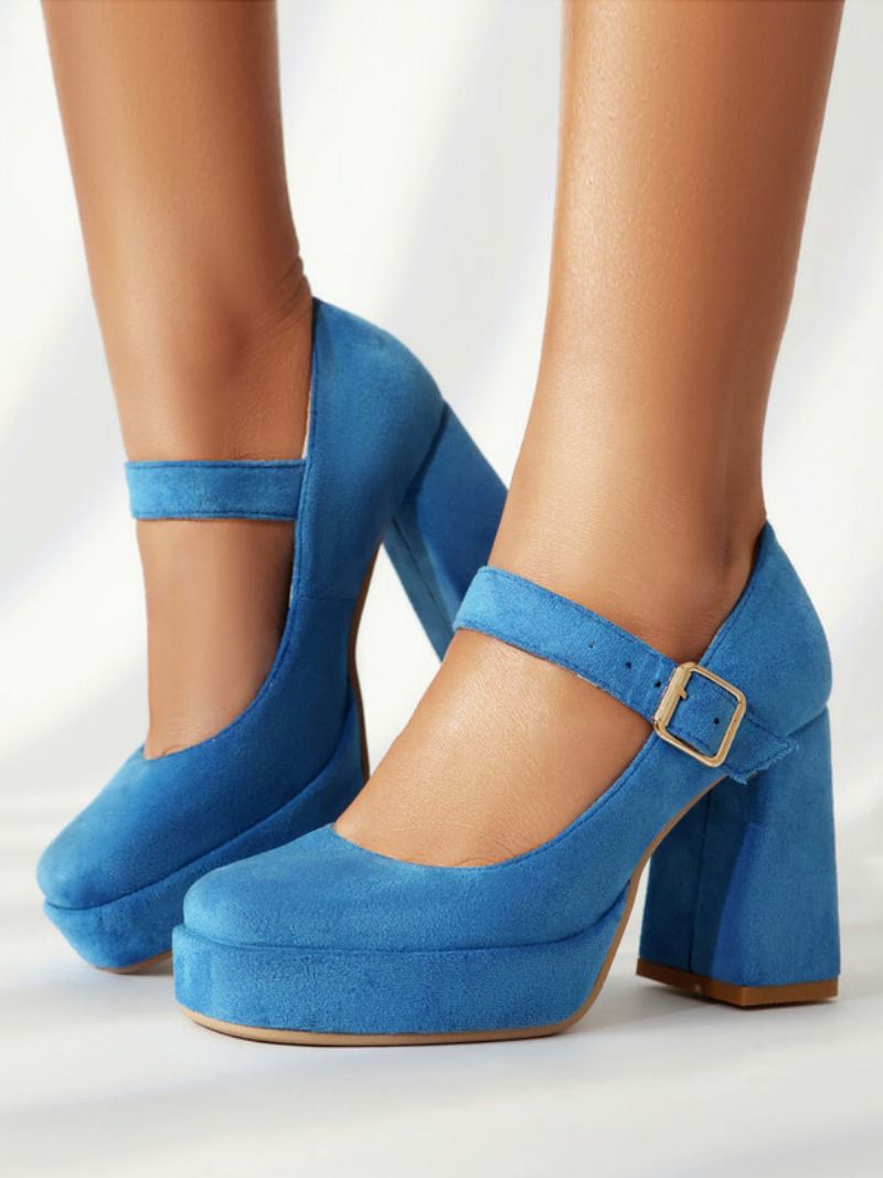 Dameplattform Pumps Square Toe Chunky Heel Spenne Strappy Mary Jane - Blå