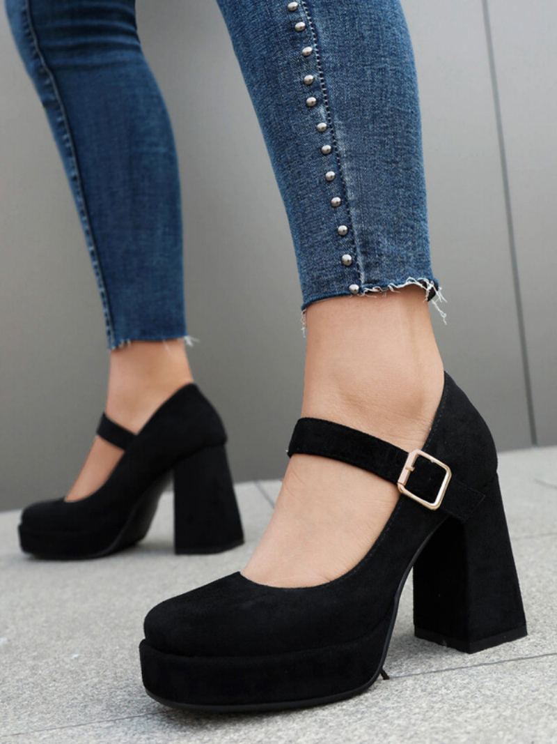 Dameplattform Pumps Square Toe Chunky Heel Spenne Strappy Mary Jane - Sort