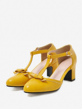 Gule Vintagesko For Kvinner Med Spiss Sløyfe T-rem Chunky Heel Pumps