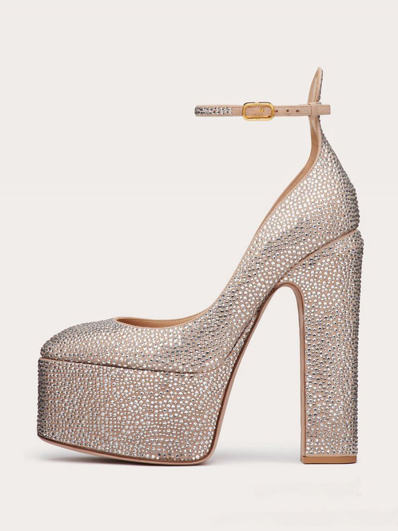 Høye Hæler For Kvinner Plattformsko Rhinestones Chunky Heel Ankelstropp Festsko - Champagne