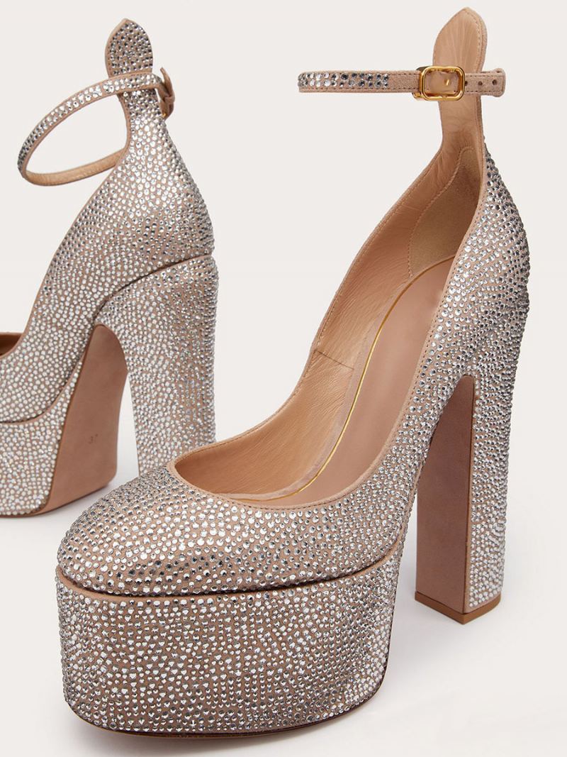 Høye Hæler For Kvinner Plattformsko Rhinestones Chunky Heel Ankelstropp Festsko - Champagne