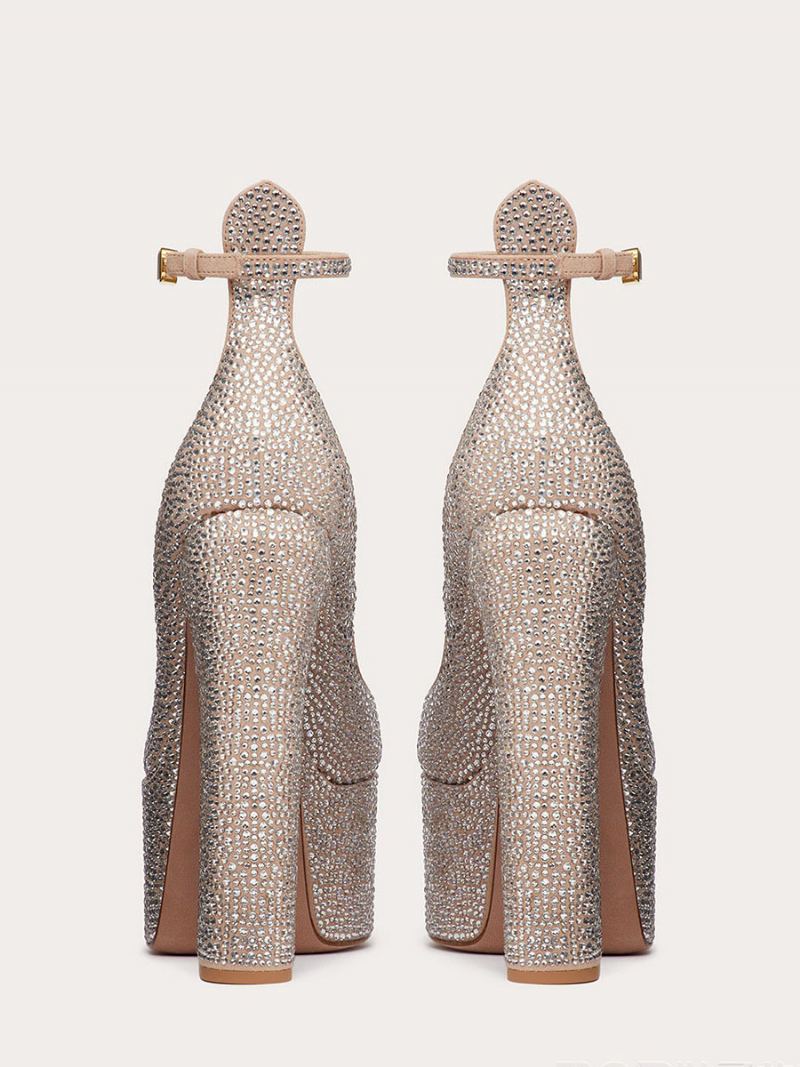 Høye Hæler For Kvinner Plattformsko Rhinestones Chunky Heel Ankelstropp Festsko - Champagne