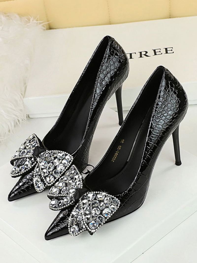 Høye Hæler For Kvinner Rhinestones Chic Pumps Spissetå Stiletthæl Pu-skinn - Svart