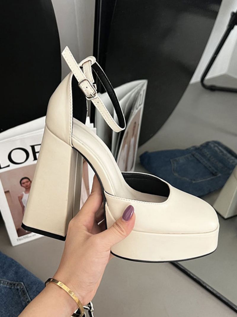 Høye Hæler Plattformer For Kvinner Chunky Heel Pumps Pu-skinn - Beige