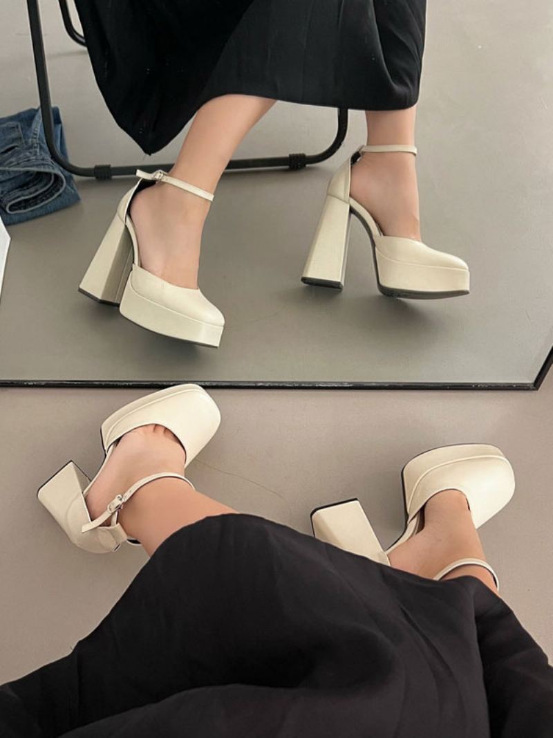 Høye Hæler Plattformer For Kvinner Chunky Heel Pumps Pu-skinn - Beige