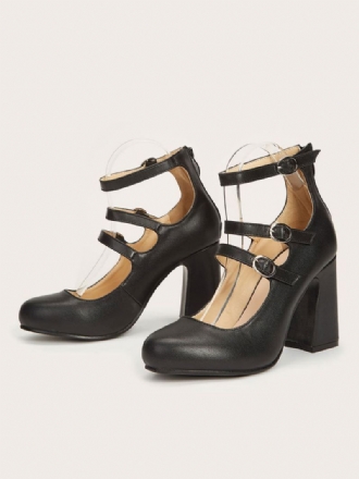 Kvinner Høye Hæler Chunky Heel Pumps Pu Skinn Svart Ankelstropp Vintage Sko