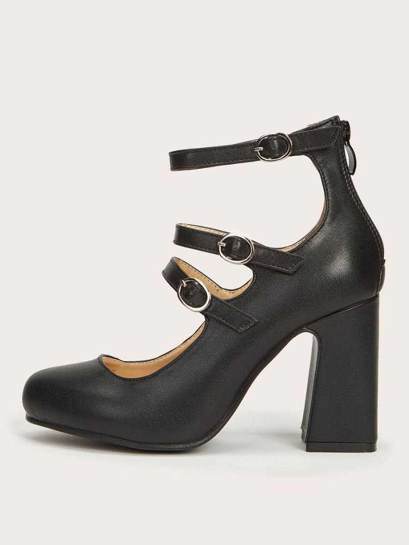 Kvinner Høye Hæler Chunky Heel Pumps Pu Skinn Svart Ankelstropp Vintage Sko - Svart