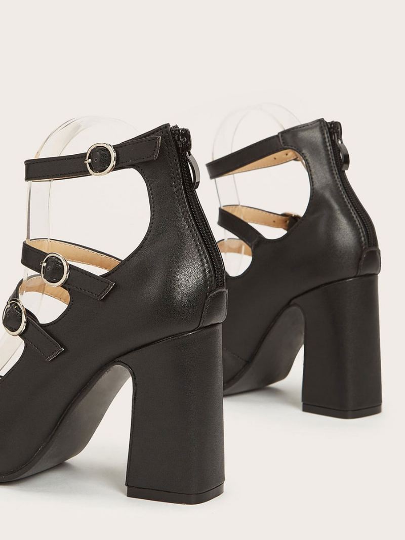 Kvinner Høye Hæler Chunky Heel Pumps Pu Skinn Svart Ankelstropp Vintage Sko - Svart