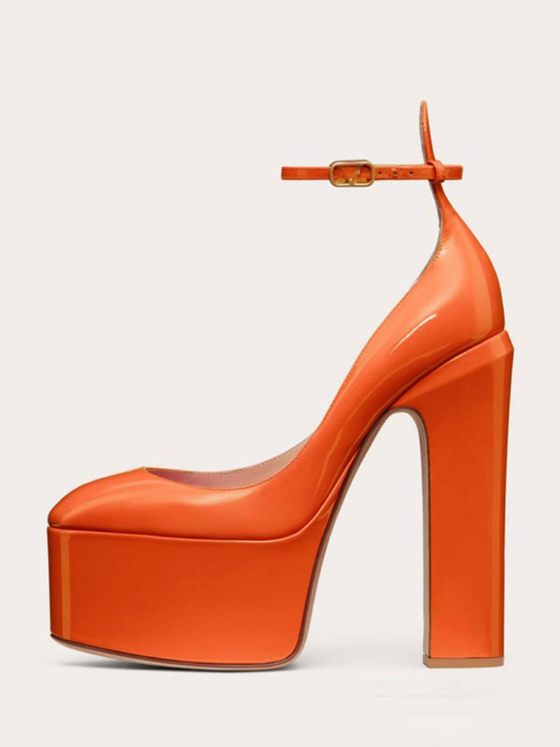 Kvinner Høye Hæler Plattform Rund Tå Chunky Heel Ankel Strap Pumps - Oransje