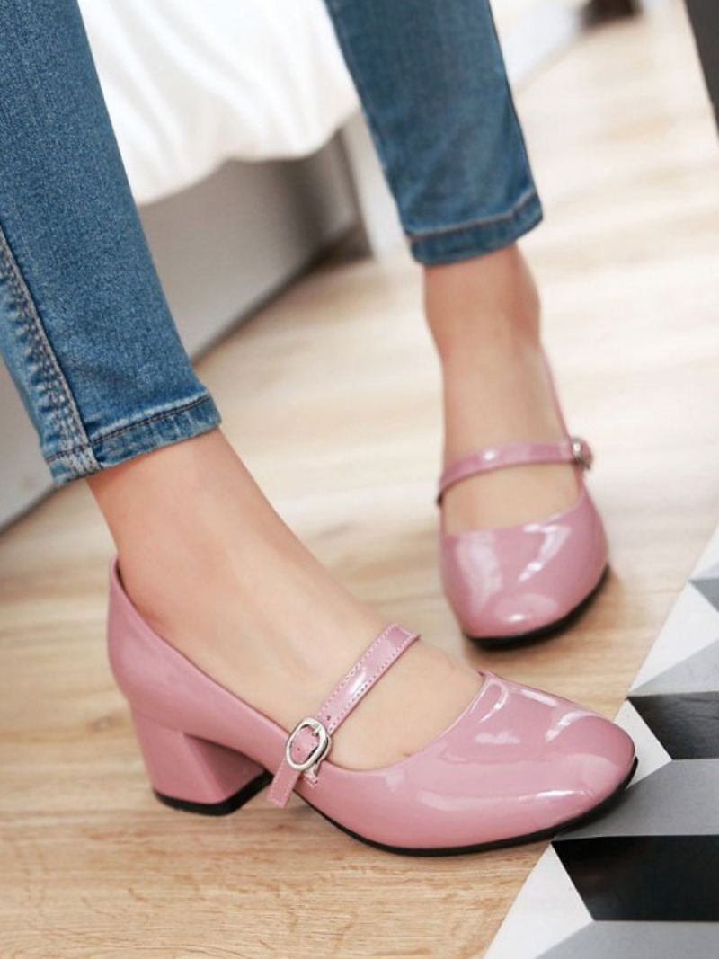 Kvinner Rød Midt Lave Hæler Rund Tå Pu Skinn Pretty Pumps Sko Vintage - Rosa