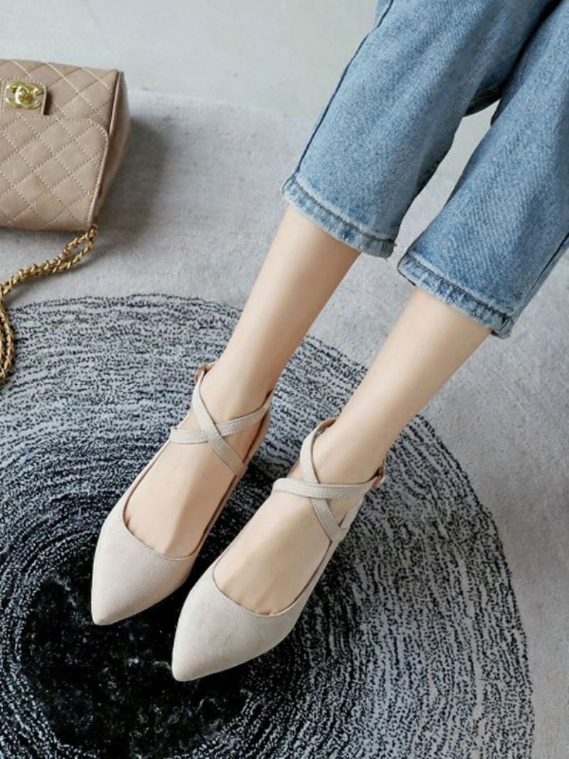 Kvinner Svarte Chunky Heels Cross Over Strap Spiss Toe Low Heel Pumps - Beige