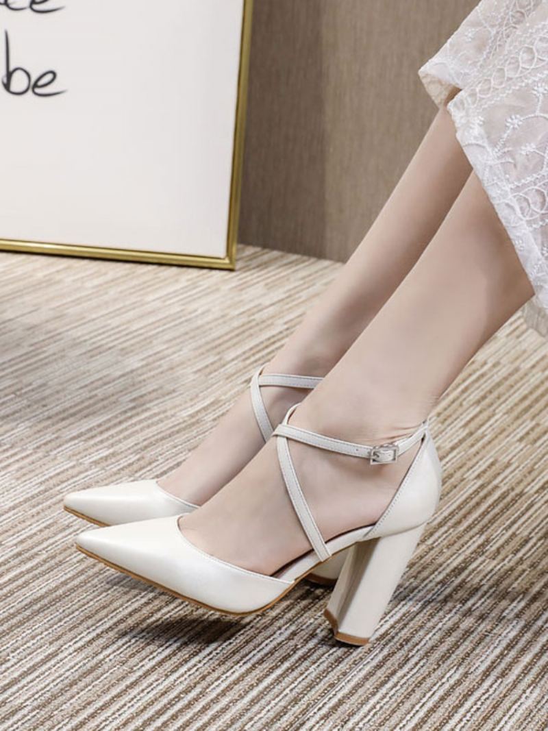 Kvinners Cross Strap Brude Pumps Prom Heels Hvite Hjemkomstsko - Hvit