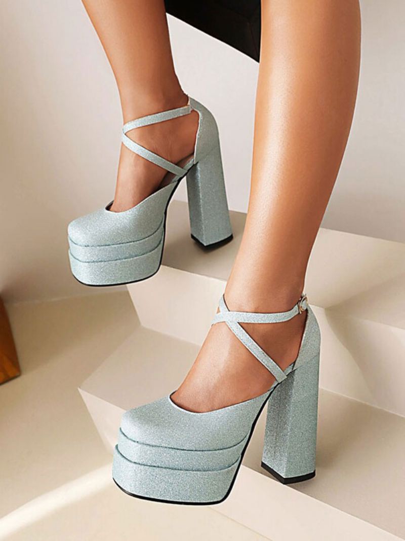 Kvinners Glitter Strappy Plattformsko Chunky Heel Pumps - Lys Himmelblå