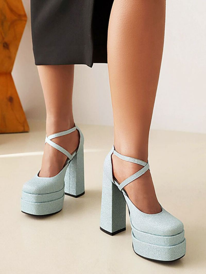 Kvinners Glitter Strappy Plattformsko Chunky Heel Pumps - Lys Himmelblå