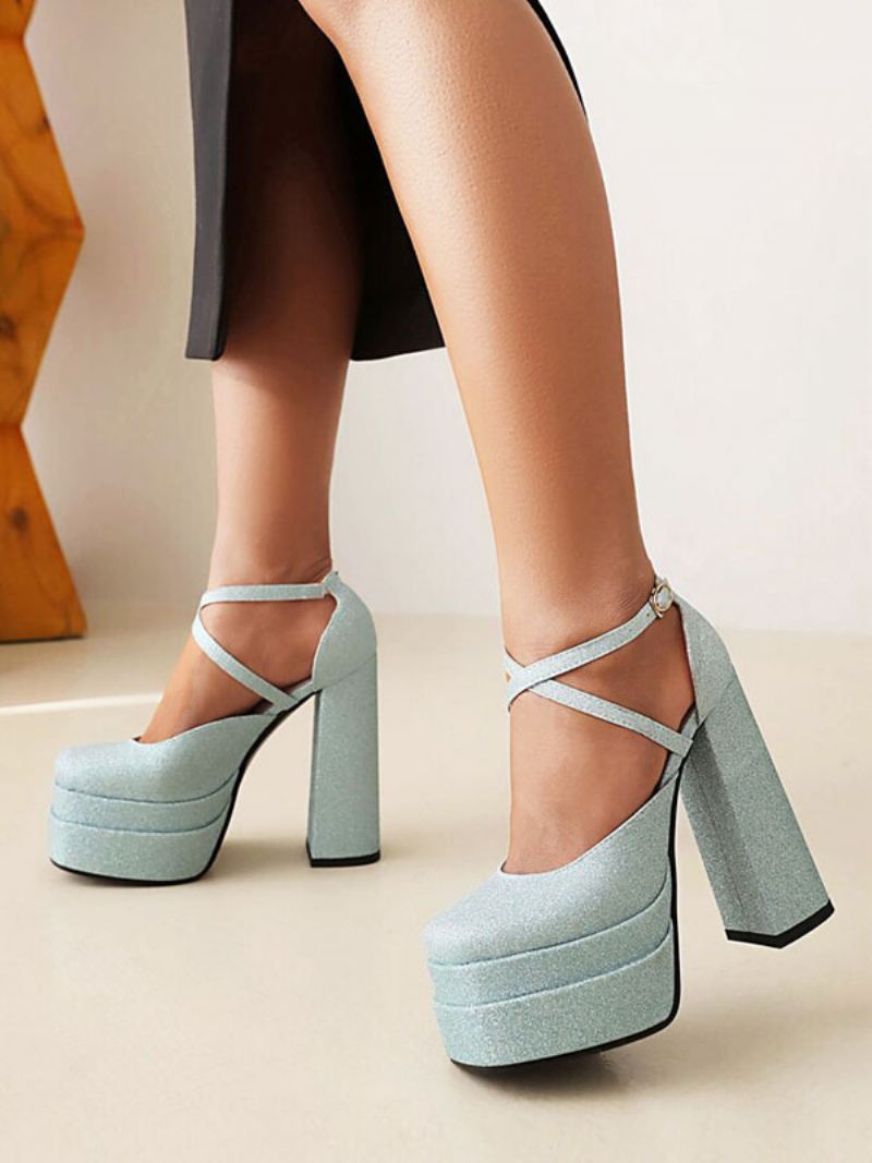 Kvinners Glitter Strappy Plattformsko Chunky Heel Pumps - Lys Himmelblå