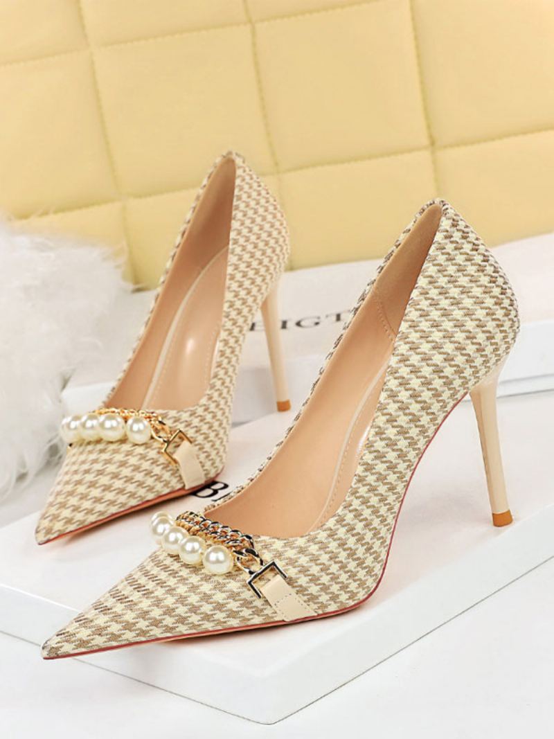 Kvinners Høye Hæler Plaid Pearls Pumps Elegant Spiss Tå Stiletthæl Polyester - Lys Gul