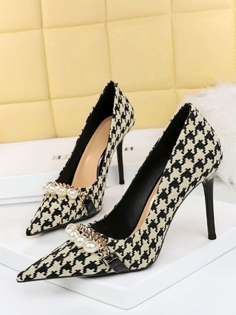 Kvinners Høye Hæler Plaid Pearls Pumps Elegant Spiss Tå Stiletthæl Polyester - Sort