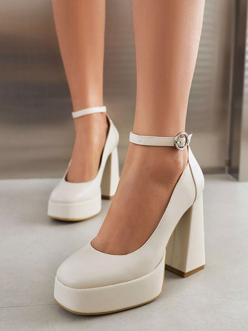 Kvinners Høye Hæler Plattformsko Chunky Heel Ankel Strap Pumps - Beige