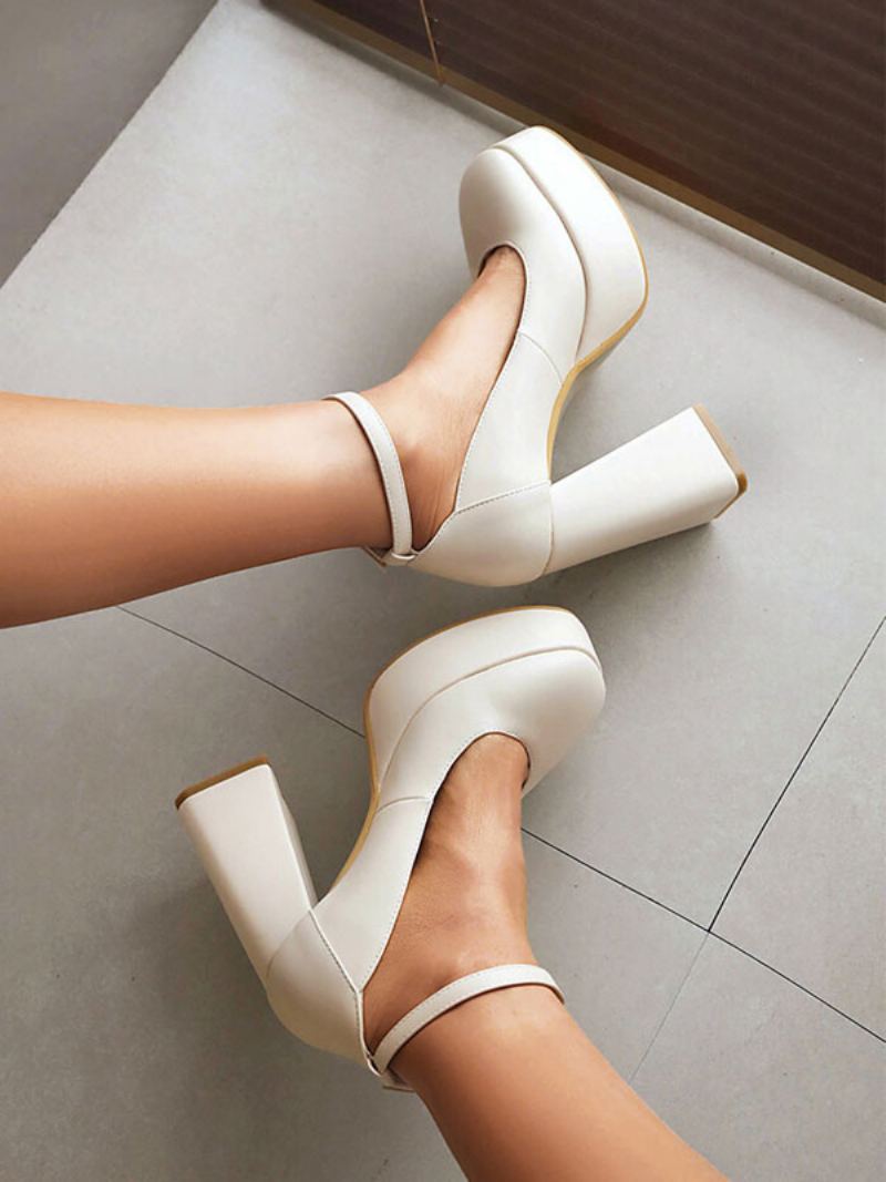 Kvinners Høye Hæler Plattformsko Chunky Heel Ankel Strap Pumps - Beige