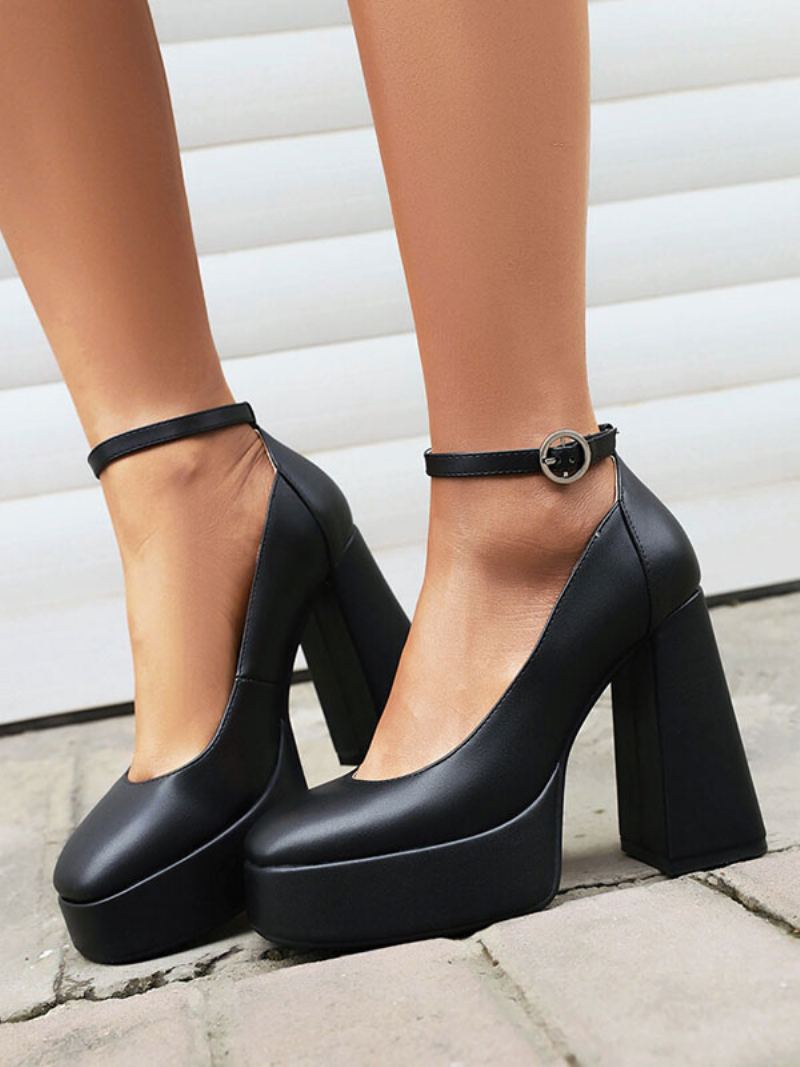 Kvinners Høye Hæler Plattformsko Chunky Heel Ankel Strap Pumps - Sort