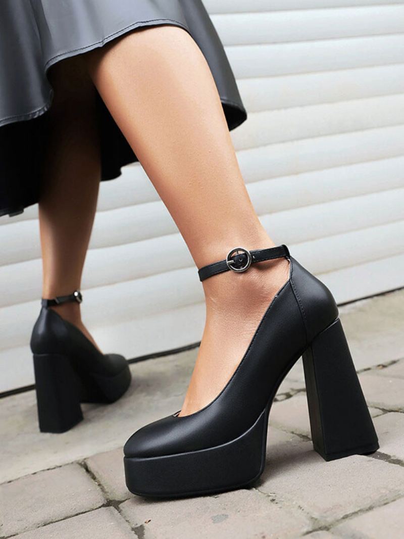 Kvinners Høye Hæler Plattformsko Chunky Heel Ankel Strap Pumps - Sort