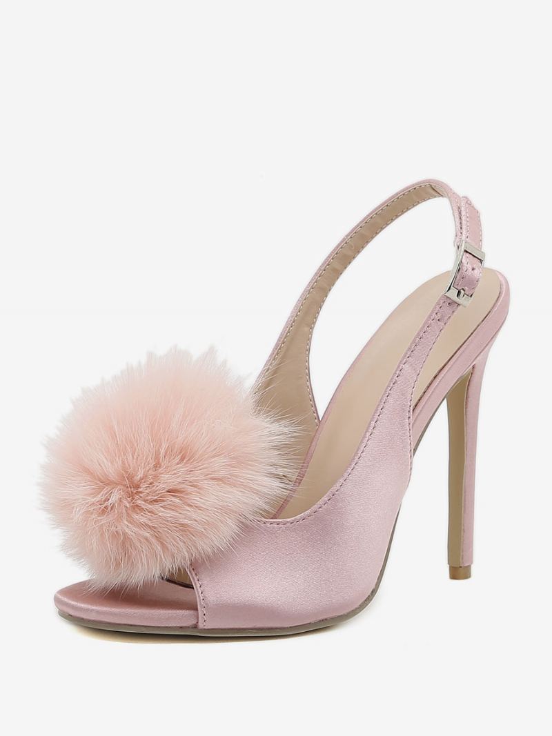 Kvinners Høye Hæler Sateng Åpen Tå Stiletthæl Slingback Pumps Med Pom Poms