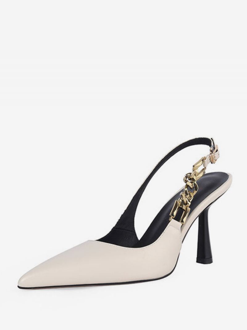 Kvinners Hvite Høye Hæler Med Spiss Kjede Detalj Slingback Dress Pumps - Beige