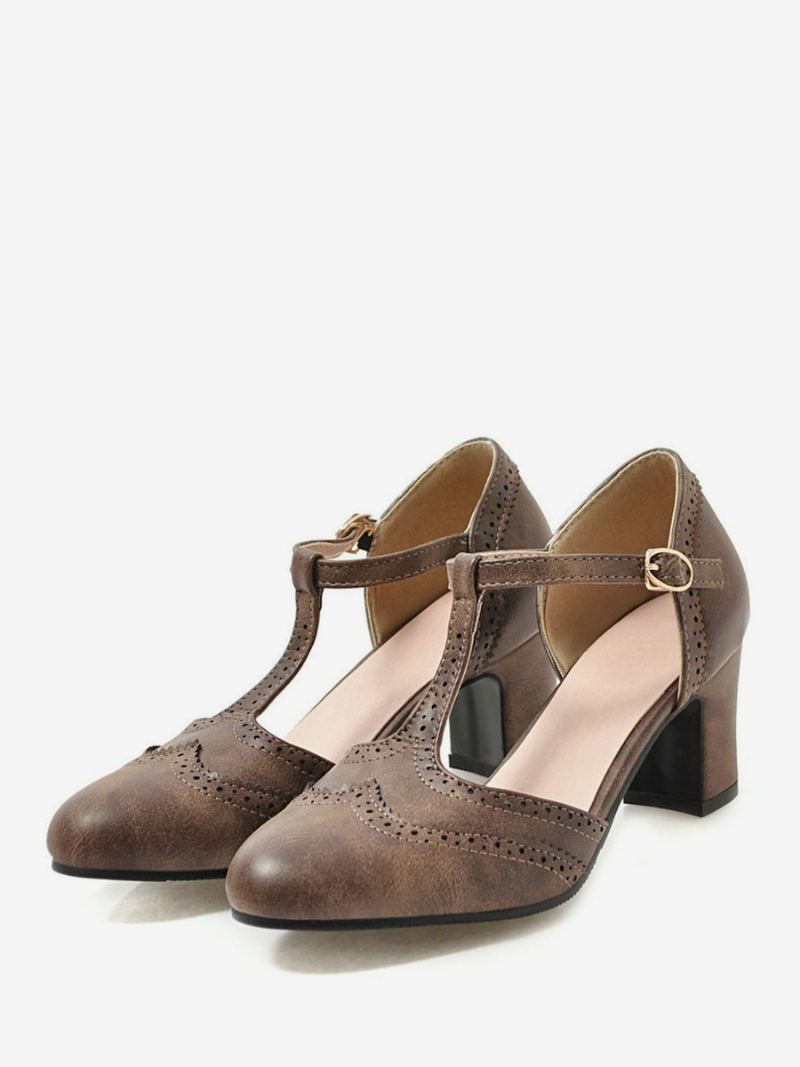 Kvinners Hvite Vintage Sko Chunky Heek T Strap Pumps - Kaffe Brun