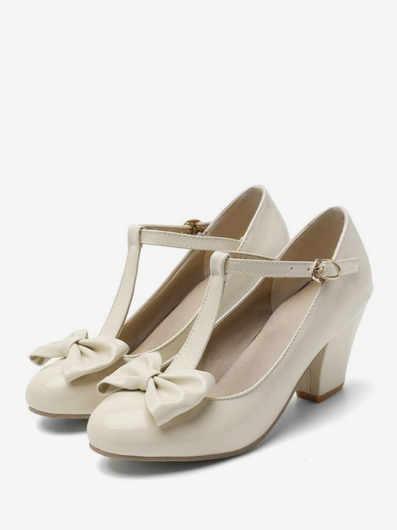 Kvinners Hvite Vintage Sko Rund Tå Bue T Stropp Chunky Heel Pumps