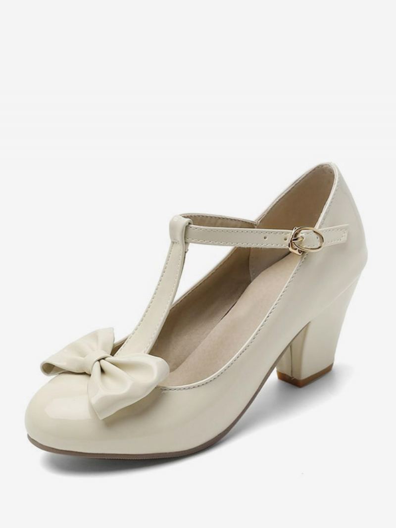 Kvinners Hvite Vintage Sko Rund Tå Bue T Stropp Chunky Heel Pumps - Beige