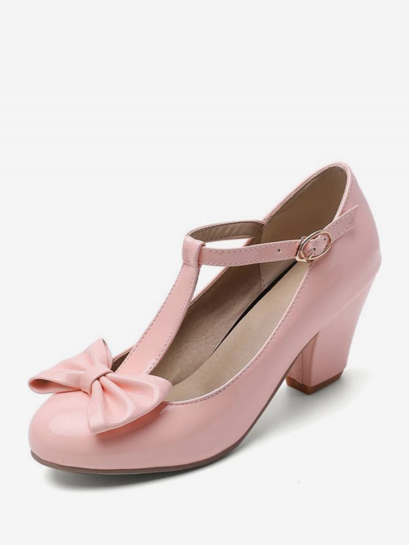 Kvinners Hvite Vintage Sko Rund Tå Bue T Stropp Chunky Heel Pumps - Rosa