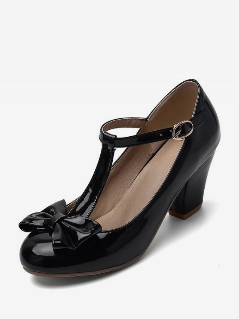 Kvinners Hvite Vintage Sko Rund Tå Bue T Stropp Chunky Heel Pumps - Sort